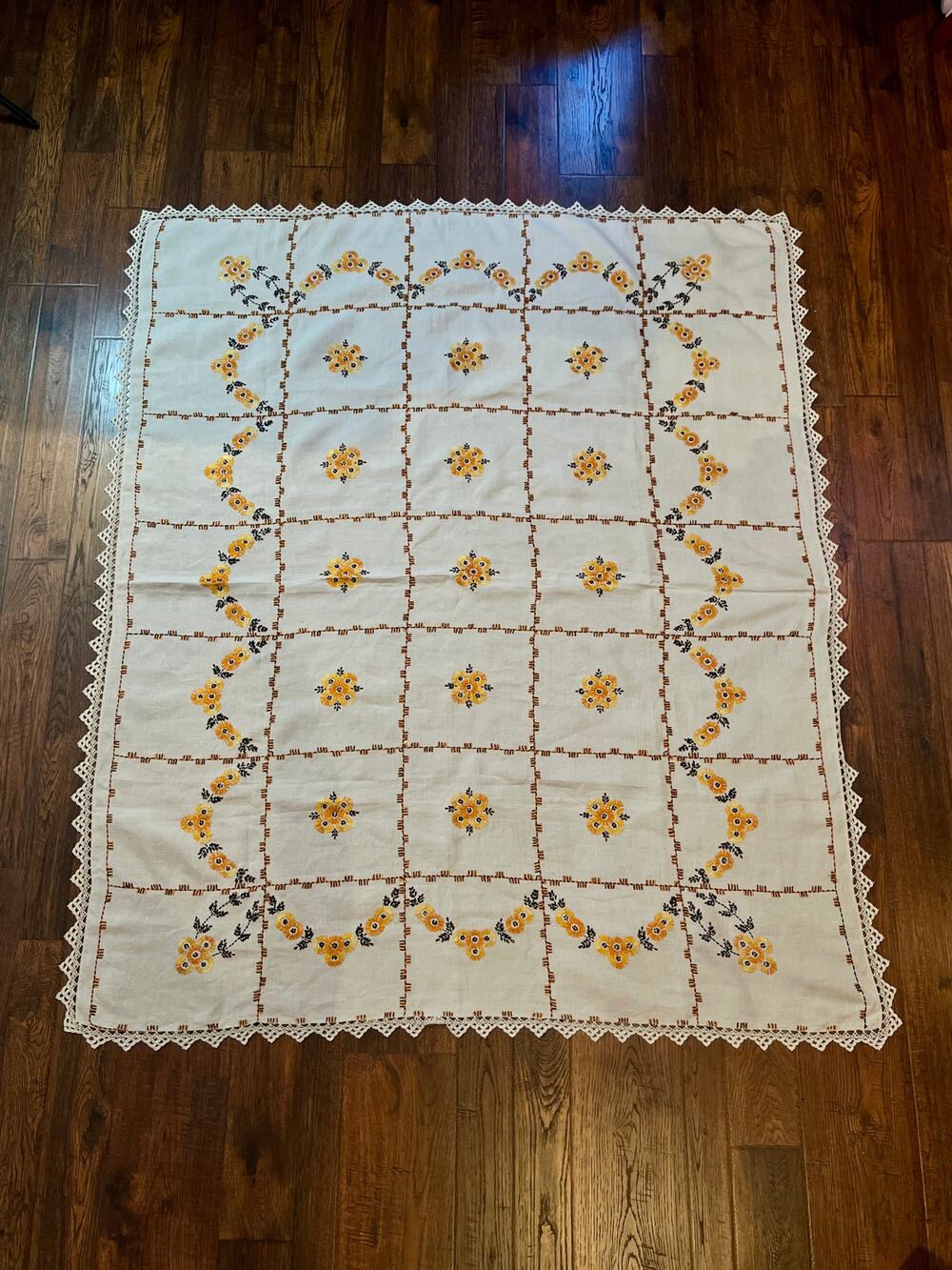 Vintage Embroidered Tablecloth Autumnal Orange Yellow Floral Crochet Lace Border